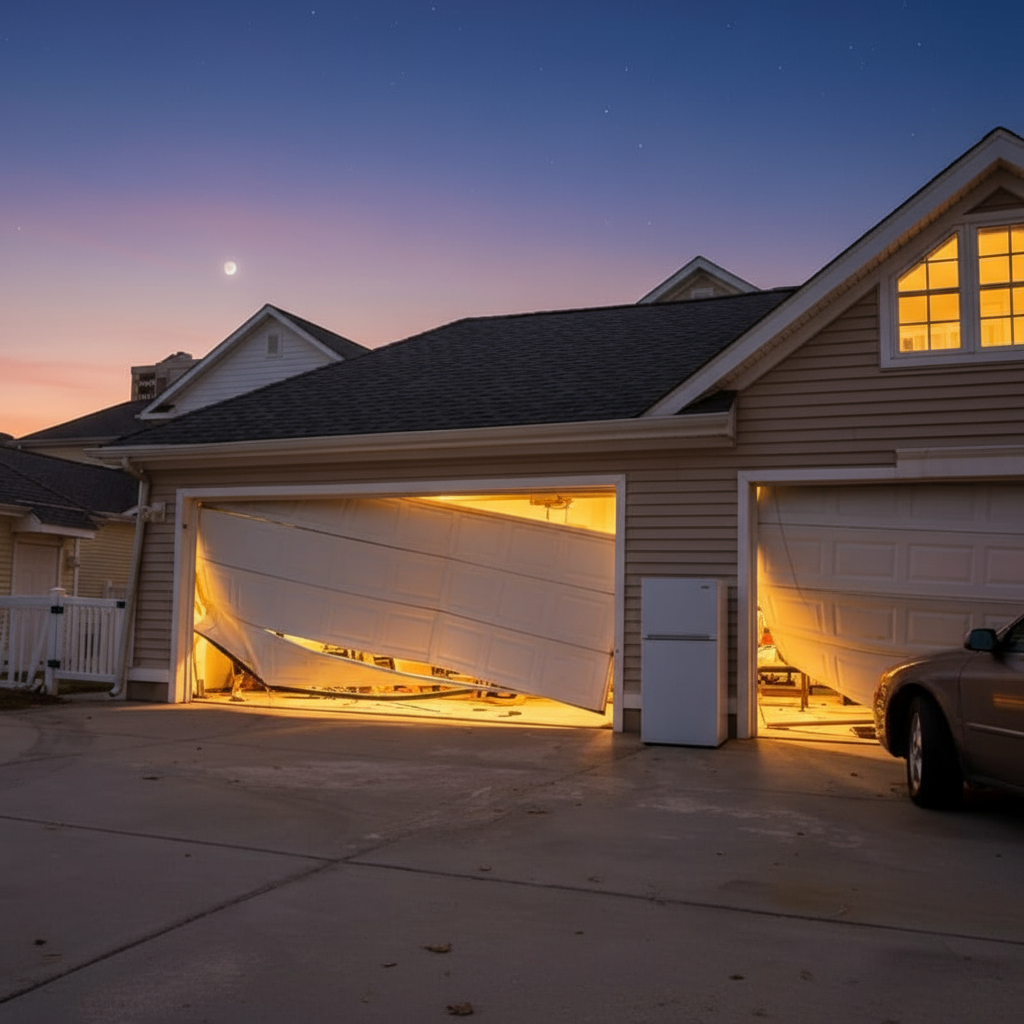 damaged garage door needing emergency repair