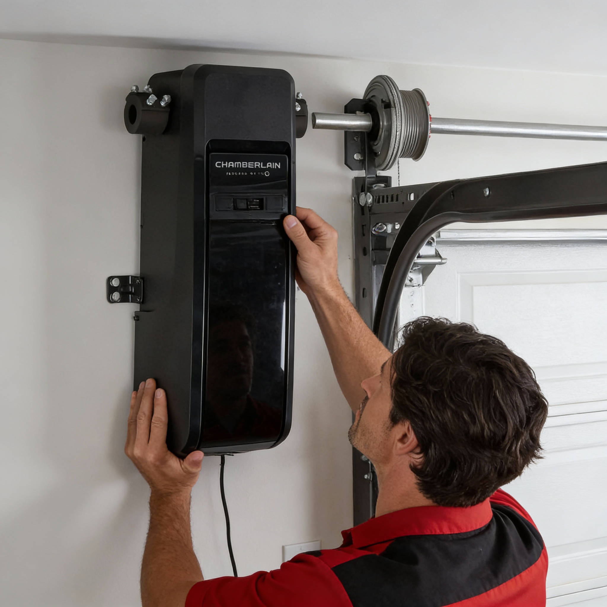 Chamberlain wall mounted garage door opener being installed