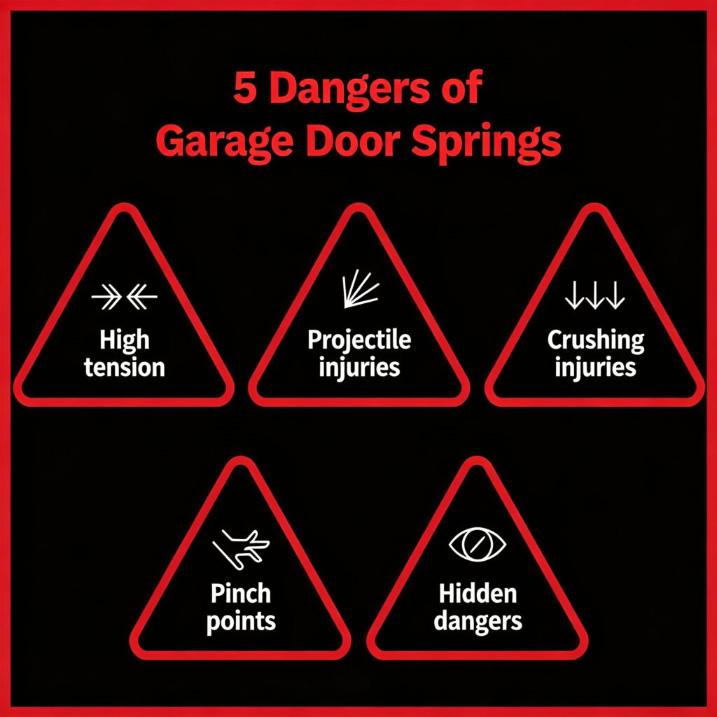 A diagram showing the 5 dangers of trying to repair garage doors springs yourself