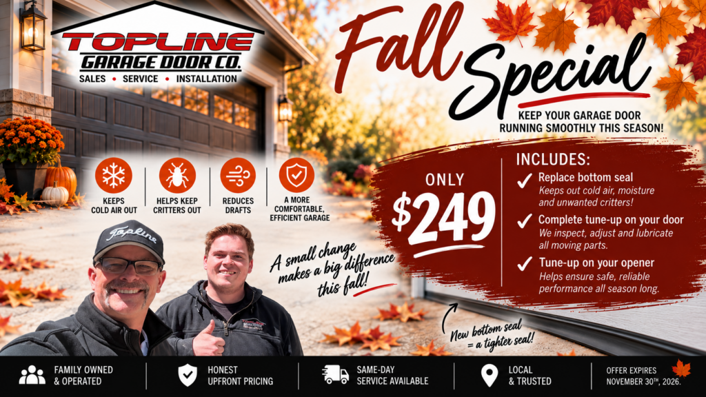 Topline Garage Door Co. Fall Special: $249 tune-up includes bottom seal replacement, full door tune-up, and garage door opener tune-up. Family owned, serving Blaine and the North Metro. Offer expires November 30, 2026.